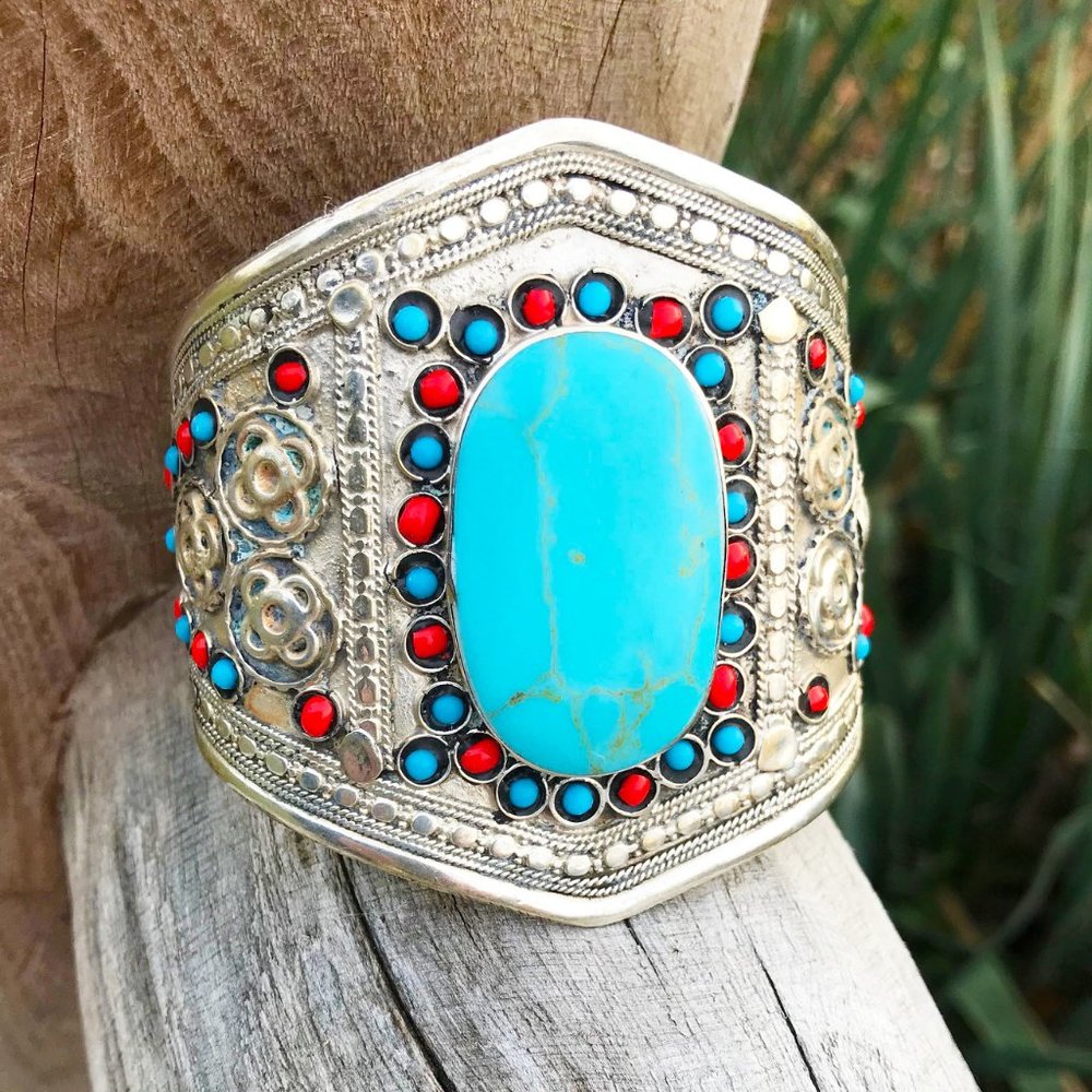Vintage cuff bracelet heavy wide Turquoise coral boho German silver bracelet